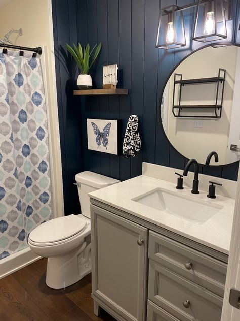 Navy Gray And White Bathroom, Black And Light Blue Bathroom, Bathroom Remodel Blue Walls, Blue Half Bathroom Ideas, Hale Navy Bathroom Walls, Navy Blue Beadboard Bathroom, Bathroom Ideas Navy Blue, Navy Blue And White Bathroom Ideas, Blue Bathroom Accent Wall