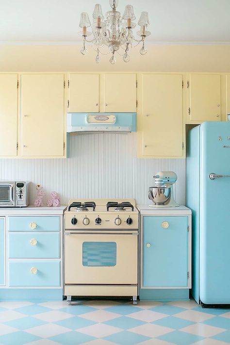 51 Pastel Kitchen Ideas You’ll Fall in Love With 💕 Vintage Pastel Kitchen, Pastel Kitchen Ideas, Blue Country Kitchen, Lilac Kitchen, Pink Kitchen Cabinets, Painting Appliances, Pastel Furniture, Goth Kitchen, White Oak Kitchen