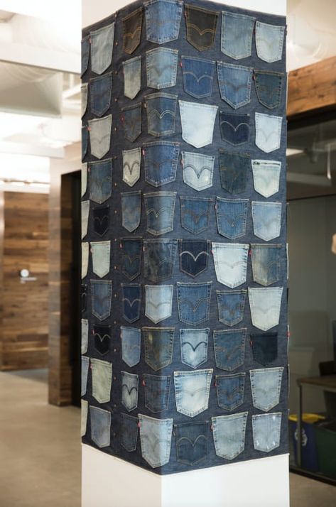 "Pockets" by ANTLRE - Hannah Sitzer seen at Google RWC SEA6, Redwood City | Wescover Denim Window Display, Office Art Ideas, Jeans Photography, Shop In Shop, Column Covers, Living Room Paintings, Interactive Walls, Room Paintings, Denim Art