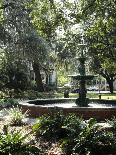 Lafayette Square. Where my beautiful cousin was married. We threw pennies in the fountain instead of rice. Louisiana Summer Aesthetic, Savannah Honeymoon, Lafayette Louisiana Aesthetic, Lafayette Square Savannah, Savannah Squares, Lafayette Cemetery New Orleans, Fontainebleau State Park Louisiana, Coastal Georgia, Lafayette Square