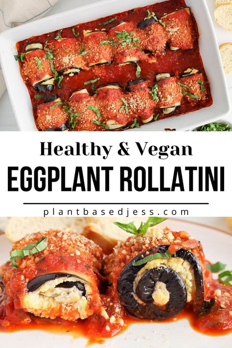 View on a vegan eggplant rollatini in a large baking dish and also 2 rolls on a plate. Eggplant Roll Ups, Vegetarian Eggplant Recipes, Gluten Free Italian Recipes, Vegan Eggplant Recipes, Eggplant Rollatini Recipe, Eggplant Recipes Healthy, Recipes Eggplant, Recipe Eggplant, Easy Eggplant