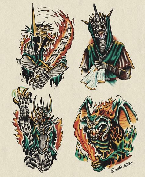 Tattoo Sleeve Sketches Design, Traditional Lotr Tattoos, Lord Of The Rings American Traditional, Traditional Lord Of The Rings Tattoo, Horror Traditional Tattoo, Balrog Tattoo, Sauron Tattoo, Warcraft Tattoo, Traditional Tattoo Dragon