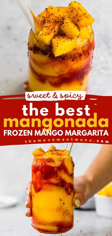 Want more party cocktails? Here's a cool drink to make at home! This Mexican beverage recipe lets you have the BEST Mangonada. Creamy, sweet, and spicy, this Frozen Mango Margarita will have you hooked! Check out how to keep it non-alcoholic! Mexican Alcoholic Drinks, Mangonada Recipe, Mango Margarita Recipe, Spicy Margarita Recipe, Frozen Mango Margarita, Chamoy Sauce, Spicy Drinks, Mango Drinks, Mexican Drinks