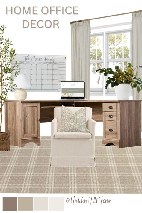 Home Office mood board with neutral colors featuring an L-shaped desk, an upholstered rolling desk chair, and a plaid beige rug Office Decor L Shaped Desk, Home Office With L Shaped Desk, Office With L Shaped Desk Layout, L Shaped Office Desk Ideas Layout, Home Office L Shaped Desk Layout, L Shaped Desk Office Layout, Office L Shaped Desk, Home Office Mood Board, Neutral Home Office