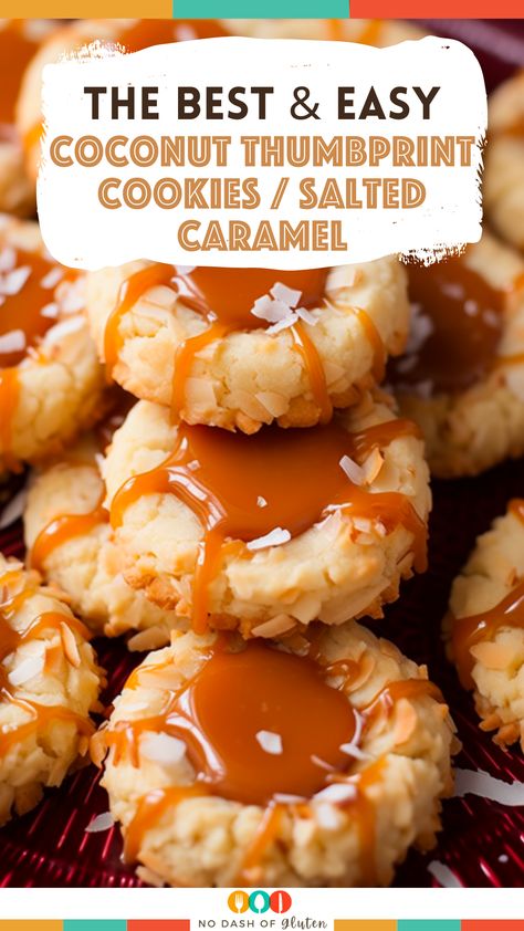 Salted Caramel Coconut Thumbprint Cookies, Salted Caramel Thumbprint Cookies, Crazy Recipes To Try, Cookies Flavors Ideas, Coconut Christmas Cookies, Coconut Cookie Recipes, Coconut Thumbprint Cookies, Salted Caramel Cookies Recipe, Caramel Thumbprint Cookies