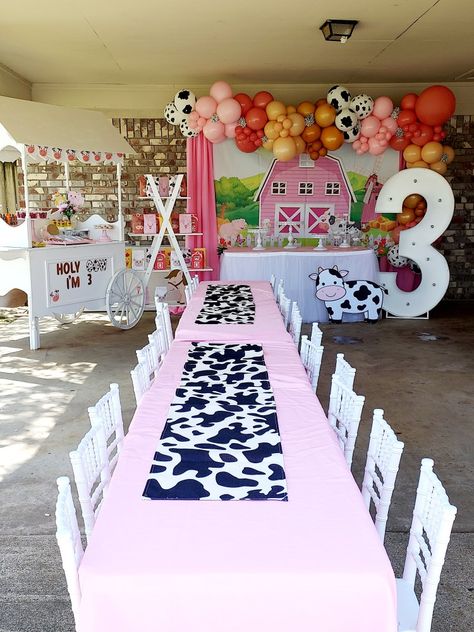 Pink Farm Themed Birthday Party, Girl Barnyard Birthday Party, Cowgirl 3rd Birthday Party, Three Ieio Theme, Third Rodeo Birthday, Farm 3rd Birthday Party Girl, Cow Print 3rd Birthday, Three I E I O Party Girl, Three Eieio Birthday