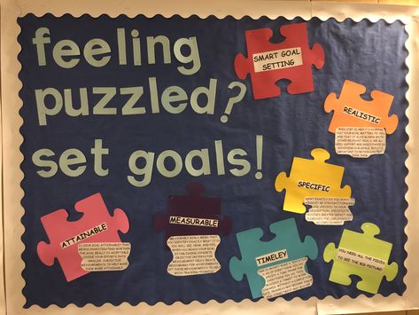 setting goals bulletin board - puzzle theme Goal Setting Ra Bulletin Board, Highschool Bulletin Board Ideas, Finals Bulletin Board Ra, Smart Goals Bulletin Board, Nursing Decorations, Sel Bulletin Board, Puzzle Bulletin Boards, Goal Setting Bulletin Board, Residence Life Bulletin Boards