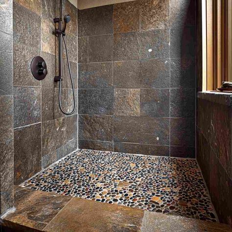 23 Rustic Walk In Shower Ideas for a Stylish Bathroom Makeover Master Bath Shower With Half Wall, Walk In Shower No Door Tile, Rustic Shower Remodel Ideas, Tub In Walk In Shower Area, Bathroom Tile Natural, Natural Stone Shower Ideas, Bathroom With Walk In Shower Layout, River Rock Shower Ideas, Rock Tile Bathroom Showers