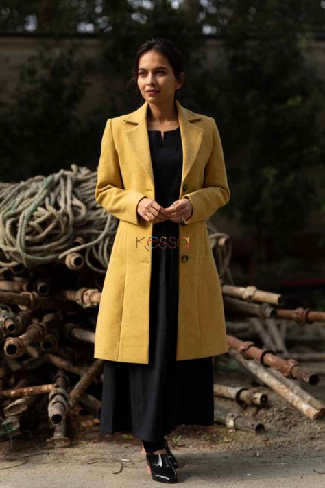 Collar coat with long sleeves featuring side pockets Coat Long Frocks, Traditional Long Jackets For Women, Coat Type Kurti, Long Over Coats On Kurtis, Long Coats For Women Indian, Women Overcoat, Long Frocks, Collared Coat, Indian Fashion Dresses