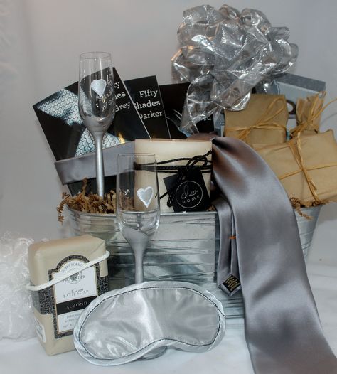 50 Shades of Grey Gifts - The Darkest Shade of Grey! Gray Color Party Basket, Grey Gift Basket Ideas, 50 Shades Grey, Basket Themes, Gift Basket Business, Honeymoon Bedroom, Grey Basket, Trunk Ideas, Raffle Basket