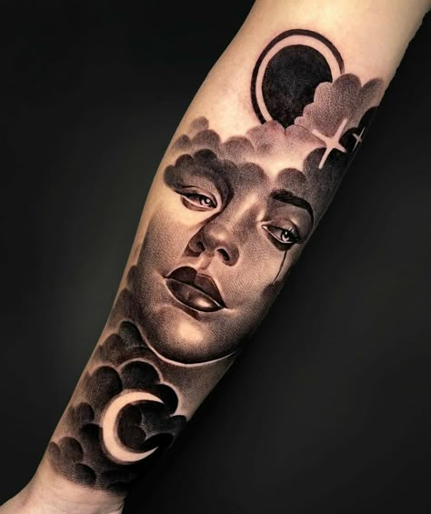 Cloud Tattoo Realism, Realism Clouds Tattoo, Cloud And Moon Tattoo, Cloud With Face Tattoo, Heads In The Clouds Tattoo, Black And Gray Woman Face Tattoo, Cloud Tattoo Design, All Black Tattoos, Shiva Tattoo Design