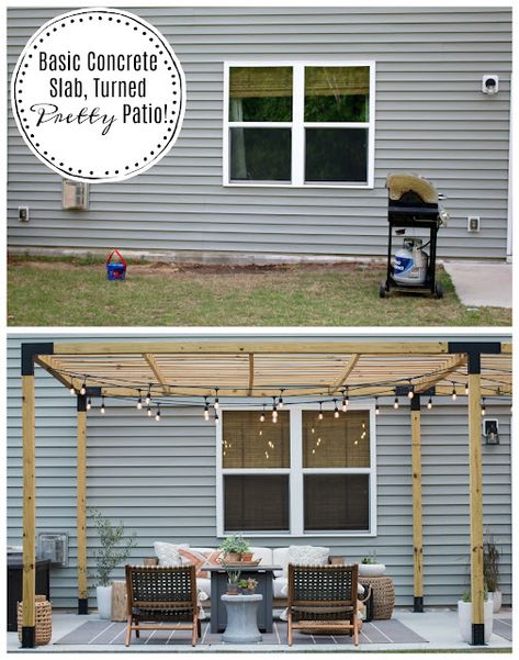 No Deck? No problem! Check out this Beautiful Patio Makeover! Stump Table Outdoor, Black Pergola, Weathered Furniture, Building A Pergola, Modern Pergola, Beautiful Patios, Patio Makeover, Diy Pergola, Concrete Slab