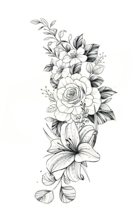 Birth Flower Hip Tattoo, Womens Nature Tattoos, Types Of Flowers For Tattoos, Floral Cross Tattoos For Women, Floral Rib Tattoos For Women, Fine Line Botanical Tattoo, Floral Tattoo Drawing, Large Flower Tattoo, Skull Flower Tattoo