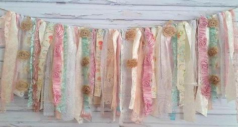 Rag Tie Banner, Shabby Chic Garland, Rag Tie Garland, Rag Banner, Shabby Chic Cakes, Pink Banner, Blue Shabby Chic, Shabby Chic Baby, Lace Background