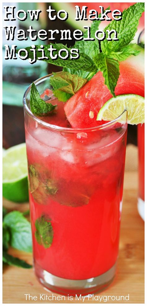 EASY Watermelon Mojito ~ Don't waste that watermelon juice that collects when you cut up a whole melon ... Use it to whip up an easy Watermelon Mojito instead!  It's certainly a tasty way to enjoy summer's watermelon. #watermelon #watermelonmojitos  www.thekitchenismyplayground.com Heathly Drinks, Watermelon Alcoholic Drinks, Watermelon Snacks, Watermelon Desserts, Watermelon Treats, Watermelon Mojito Recipe, Watermelon Cocktail Recipes, Mocktail Ideas, Mojito Recipes