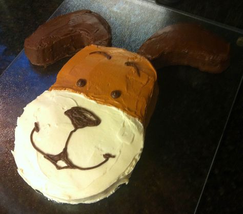 Kipper the Dog birthday cake. Carved from a single round cake. Dog Birthday Cake Recipes, Puppy Dog Cakes, Dogs Cake, Puppy Birthday Cakes, Dog Birthday Cake Recipe, Dog Cake Recipes, Puppy Birthday Party, Birthday Cake Recipes, New Birthday Cake