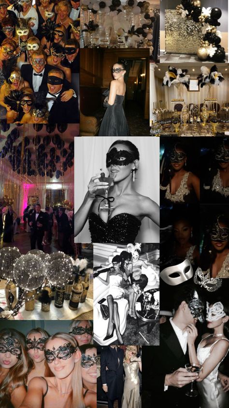 Blair Waldorf Masquerade Ball, Masquerade Themed Birthday Party, New Year Theme Party Ideas Black Gold, Masquerade Ball Gowns Aesthetic, 30th Birthday Masquerade Party Ideas, 1920s Masquerade Ball, New Year’s Eve Masquerade Ball, Black Masquerade Outfit Ideas, Masquerade Nye Party