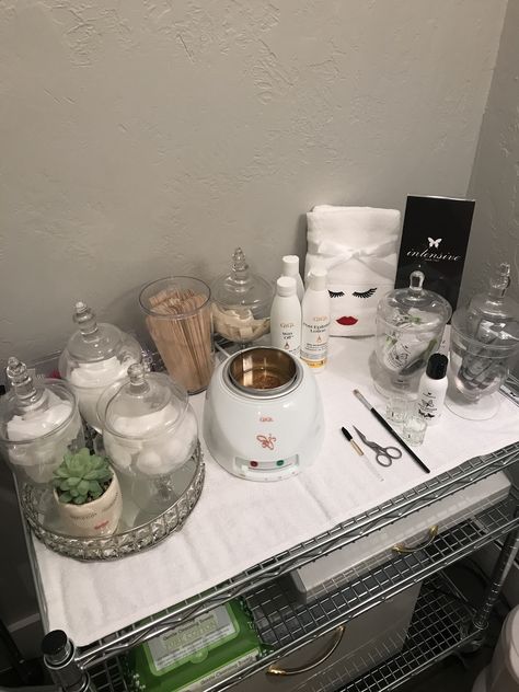 Wax Room Set Up Ideas, Home Wax Station, Esthetician Room Waxing, At Home Brow Studio, Brow Artist Room Ideas, Wax Pot Station, Esthetician Wax Set Up, Salon Waxing Station Bar Ideas, Wax Rooms Ideas