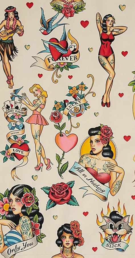 Traditional Tattoo Pin Up Girl, Traditional Tattoo Pin Up, Flash Art Tattoos, Vintage Tattoo Art, Pin Up Girl Tattoo, Arte Pin Up, Sailor Jerry Tattoos, Kunst Tattoos, Flash Sheet