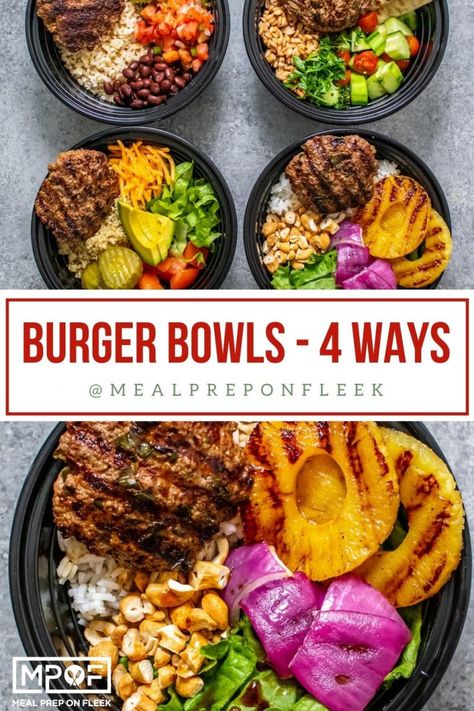 Italian Meal Prep Bowls, Meal In A Bowl Recipes, Ground Beef Buddah Bowl, Beef Bowl Recipe Healthy, Healthy Burger Meals, Clean Bowl Recipes, Healthy Hamburger Meal Prep, Cheese Burger Bowl Meal Prep, Cowboy Burger Bowl