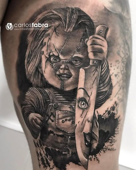 Chucky Tattoo, Horror Movie Tattoos, Skull Hand Tattoo, Clown Tattoo, Movie Tattoos, Wicked Tattoos, Scary Tattoos, Horror Tattoo, Badass Tattoos