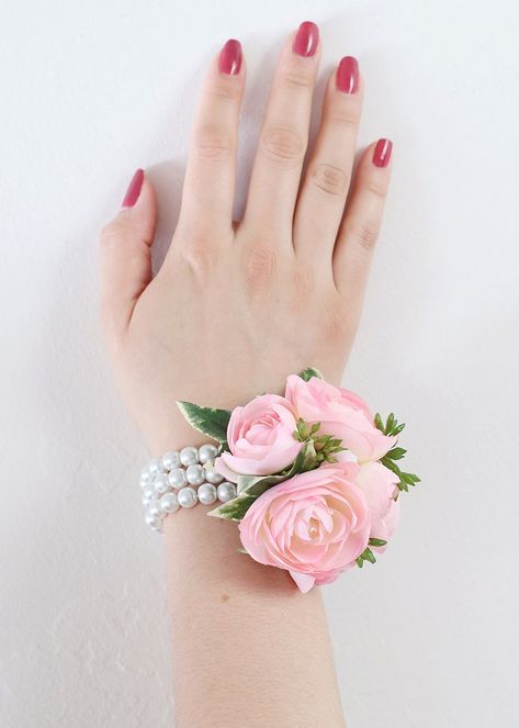 White Pearl Bead Corsage Bracelet | DIY Wrist Corsage | Afloral.com Corsage Wristlet, Bracelet Corsage, Artificial Garden Plants, Artificial Plant Arrangements, Wedding Flower Jewelry, Wedding Corsage, Corsage And Boutonniere, Silk Flowers Wedding, Flower Corsage