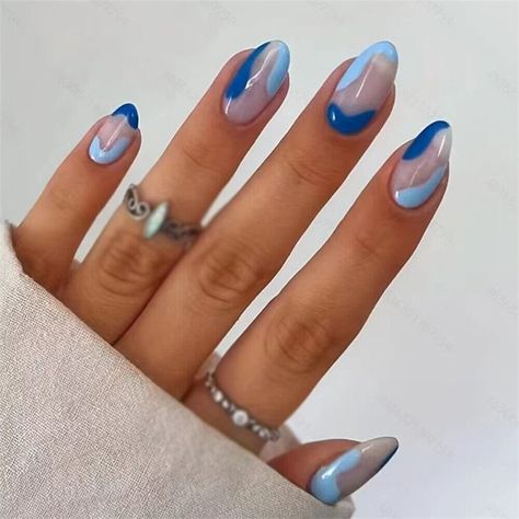 Product Information: Type : False nails/Press on nails/Stick on nails/Nails Tips 100% New and high quality Color: Multicolored Material: ABS Plastic Package Includ ed: 2 4pcs False Nails with glue Feature: Full cover/Glue Included/Pre-designed/Durable/Detachable 1.This false nails are easy to file, paint and apply. It looks natural and nice holding the color without separating or streaking, making your tips magical and stylish. 2.Easy to use according to your option to wear them long or clip them short, easy to trim and file them to any length and shape you like. Mutiple application: The false nails are great for learners at all stages,suitable for nail salons and diy nail art at home,easy to remove,which are wonderful gifts for your wife,girlfriend,mother or sisters,as well as they are gr Mail Art Small Nails, Blue Glitter Swirl Nails, Light Blue And Navy Nails, Nails Oval Shape Design, Cute Nails For 11 Yrs Old, Cute Nail Painting Ideas, Easy Blue Nail Designs, Blue French Tip Designs, Nails Non Acrylic