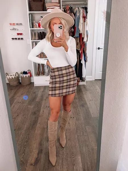 I’m in love with this plaid skirt + white bodysuit pair! Wearing a small in both! #fallboots #plaidskirt #datenightoutfit #hatstyle #fallstyle #falloutfit #miniskirt #fallskirt #ootd High Waisted Plaid Skirt Outfit, Plaid Skirt Boots Outfit, Flannel Skirt Outfits Winter, Thanksgiving Country Outfit, Fall Skirt Ideas Outfit, Plaid Skirt And Cowboy Boots, Plaid Christmas Skirt Outfit, Plaid Skirt With Boots, Friend Giving Outfits