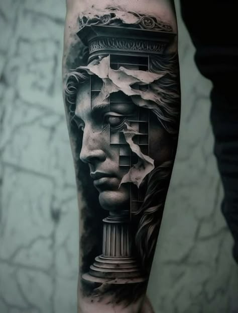 Leg Tattoo Sketches For Men, Gods Tattoos Mythology, Greek Tattoos Men, Men Tattoos Forearm, Greek Mythology Leg Tattoos, Outside Forearm Tattoo Men Ideas, Perseus Tattoo Design, Zues Tattoo Mythology, Greek Sleeve Tattoo