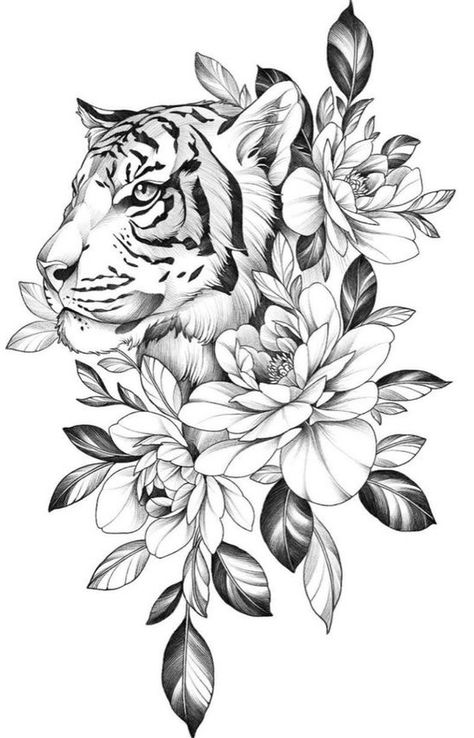 Tiger Tattoo Ideas, Tattoos Tiger, Tiger Tattoo Sleeve, Tiger Tattoos, Leopard Tattoos, Hip Thigh Tattoos, Tiger Tattoo Design, Floral Tattoo Design, Tattoo Feminina