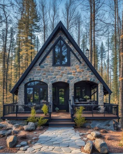 Stone Cabin, Cabin Exterior, Gorgeous Houses, Dream Cottage, A Frame Cabin, Stone Cottage, A Frame House, Tiny House Cabin, Cabins And Cottages