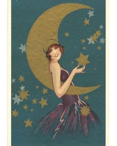 46 Likes, 2 Comments - Dan'a (@maudelynn) on Instagram: “Goodnight, moon. #1920s beautiful postcard” Hollywood Bathroom, Witchy Journal, August Moon, Sitting On The Moon, 1920 Women, Art Deco Illustration, Art Deco Lady, Vintage Moon, Moon Art Print