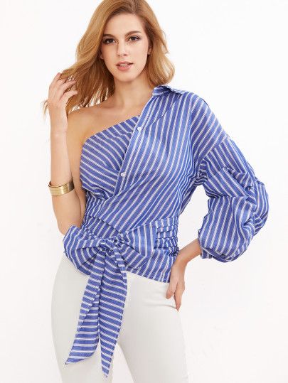 Blue Striped One Shoulder Wrap Around Button Down Top One Shoulder Shirt, Stripes Top, Clothes Korean Style, Shoulder Wrap, One Shoulder Top, One Shoulder Tops, Women Shirts Blouse, Tops Fall, Mode Inspiration