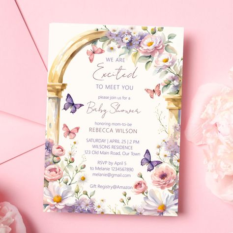 Fairytale Baby Shower, Flowers Arch, Summer Baby Shower Invitations, Garden Baby Shower Theme, Fairy Baby Showers, Garden Boho, Lilac Pastel, Butterfly Baby Shower Invitations, Butterfly Invitations