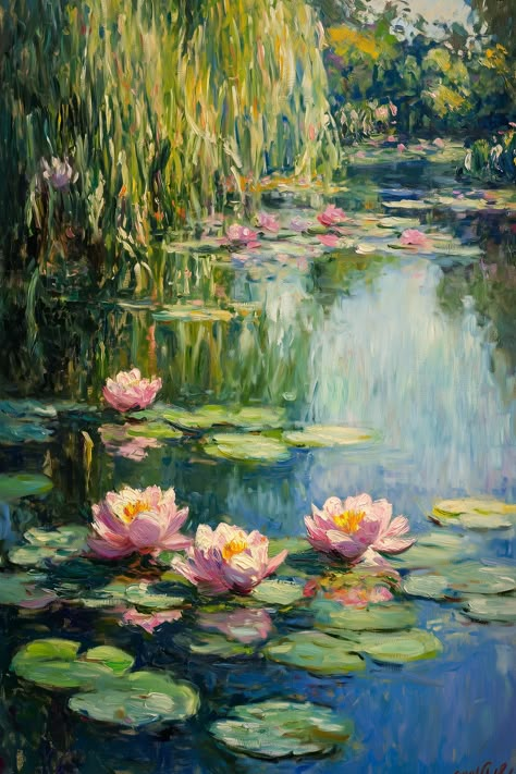 Lilies Drawing, Water Lilies Painting, Pond Painting, Art Alevel, Claude Monet Art, Oil Painting Inspiration, Lily Painting, Monet Art, Photo To Art