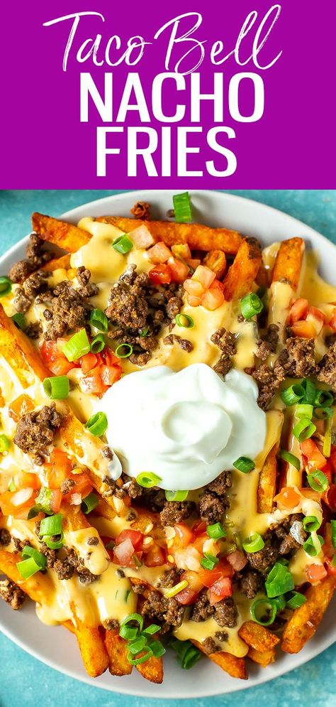 Taco Bell Fries Supreme, Nachos Beef And Cheese, Dinner Nachos Recipe, Cowboy Nachos Recipes, Fried Quesadilla Nachos, Loaded Fries Ground Beef, Nacho Fries Taco Bell Recipe, Fries Supreme, Nacho Fries Recipe