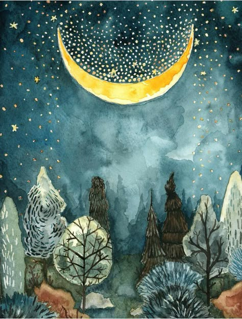 Moon Forest, 심플한 그림, Whimsical Watercolor, 수채화 그림, Moon Art, Framed Poster, Whimsical Art, Painting Inspiration, Night Sky