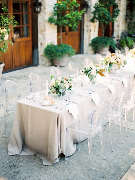 La Tavola Fine Linen Rental: Tuscany Natural | Photography: Sally Pinera, Event Planning: Engaged & Inspired, Floral Design: Christine Cater, Venue: Holman Ranch Ghost Chairs Wedding, Ghost Chair Wedding, Wedding Reception Chairs, Chairs Wedding, Clear Chairs, Reception Chairs, Beautiful Wedding Reception, Ghost Chairs, Beautiful Tablescapes