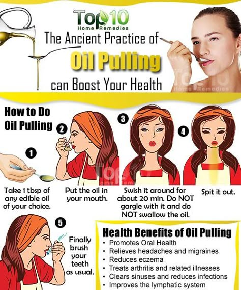 Prev2 of 2Next post How to Do Oil Pulling Take 1 tablespoon of organic, unrefined, cold-pressed vegetable oil like sunflower oil, sesame oil or any other edible oil. Many people like to use coconut oil as it has several additional health benefits and has strong antimicrobial properties due to its lauric acid content. Put the Benefits Of Oil Pulling, Body Health Tips, Health Coconut Oil, Oil Pulling Benefits, Top 10 Home Remedies, Coconut Oil For Teeth, Coconut Oil Uses, Benefits Of Coconut Oil, Oil Pulling