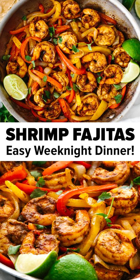 Shrimp fajitas in a pan Easy Fajita Recipe, Skillet Shrimp, Homemade Fajita Seasoning, Shrimp Fajitas, Shrimp Recipes Healthy, Shrimp Recipes For Dinner, Fajita Recipe, Shrimp Recipes Easy, Shrimp Dishes