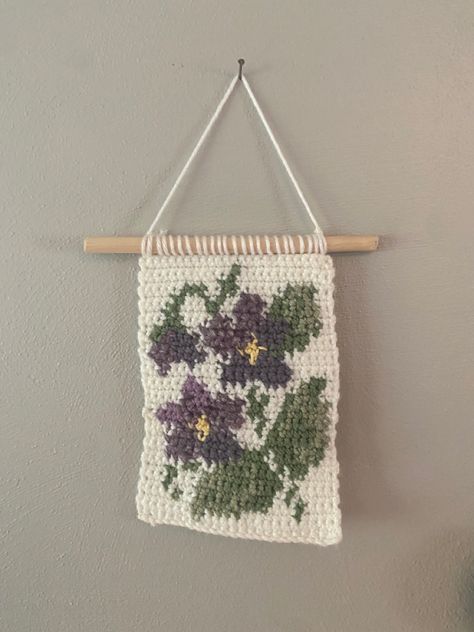 Tiny Tapestry Crochet, Tapestry Crochet Flower, Crochet Flower Graph, Tapestry Crochet Patterns Flowers, Small Tapestry Crochet, Purple Yarn Crochet Projects, Small Crochet Tapestry, Small Crochet Tapestry Pattern, Tapestry Crochet Lavender