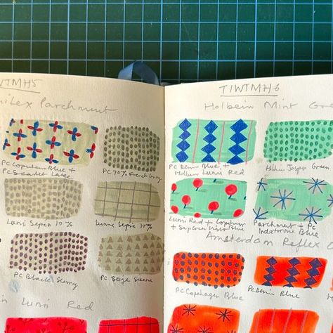 Parul Arora on Instagram: "Currently deep in colour and pattern research and experiments for new paintings. I love this part of my creative process. Besides the colour palette, there are no restrictions. Just play, play, play. #colorful #colorcolourlovers #patterndesign #sketchbook  . . . . . . #insidemysketchbook #sketchbookdrawing #patternplay #printandpattern #creativeprocess #instaillustration #sketchbook #sketchbookart #littlestoriesofmylife #abmlifeiscolorful #art_we_inspire #creativeboom #paintingprocess #gouache #acrylagouache #gouachepainting #gouacheart #surfacepatterndesign" Color Palette Sketchbook, Parul Arora, Textile Design Sketchbook, Surface Pattern Design Sketchbooks, Art Research, Visual Journaling, Sketchbook Layout, Textiles Sketchbook, Watercolour Landscape