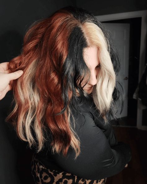 Color Block Hair Sectioning, Calico Hair Trend, Calico Hair Sectioning, Hair Color Blocking Placement, Calico Hair Placement, Chunky Calico Hair, Black Blonde Red Hair, Red Hair Blonde Tips, Calico Hair Color Placement