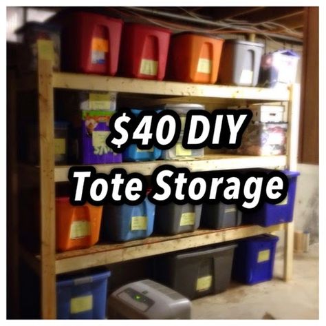 Plastic Tote Storage Shelves, Garage Shelving For Totes, Cheap Outdoor Storage Ideas, Tote Box Storage Ideas, Plastic Tote Storage Ideas, Storage Tote Organization, Diy Tote Storage Rack, Easy Renovations, Diy Rack