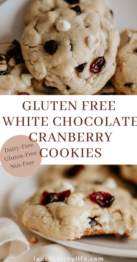 Gluten Free White Chocolate Cranberry, Gluten Free Christmas Baking, Gluten Free Christmas Desserts, Chocolate Cranberry Cookies, Gluten Free Christmas Cookies, White Chocolate Cranberry Cookies, Gluten Free Holiday, Gluten Dairy Free, Gluten Free Cookie Recipes