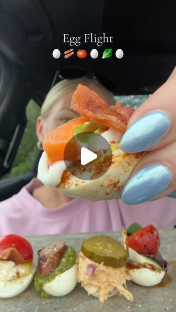 Samantha Milton on Instagram: "EGG FLIGHT🥚✨Alice knows what she’s doing!! @hipfoodiemom1  #egg #flight #eatwithme #combo #lunch #highprotein #lowcal #caloriedeficit #weightloss #pcos #inspo #mealprep #yum #asmr #car" Egg Flight Recipe, Food Flight Ideas, Eggs Lunch Ideas, Hard Boiled Egg Meals, Deviled Egg Flight Ideas, Egg Flight Ideas, Tik Tok Boiled Eggs, Hard Boiled Egg Snack Ideas, Hard Boiled Egg Flights