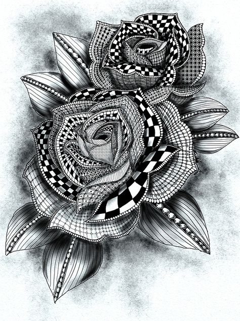 Tattoo Rose Greyscale Greyscale Art, Black And White Zentangle, Black And Gray Tattoos, Ink Line Art, Mandala Rose, Tattoo Rose, Zentangle Designs, Doodle Art Drawing, Detailed Coloring Pages