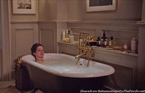 Love the free standing tub and how the fixtures come out of the built-in shelving on the wall!  Get the free standing tub without the fixtures out on display and a shelf for holding necessary items.  Tour Jules' Home in Movie, "The Intern" with Anne Hathaway Nancy Meyers Movies, The Intern, Slipper Tubs, Art Deco Bathroom, Nancy Meyers, Deco Bathroom, Quaint Cottage, Black Tiles, Bathroom Suite