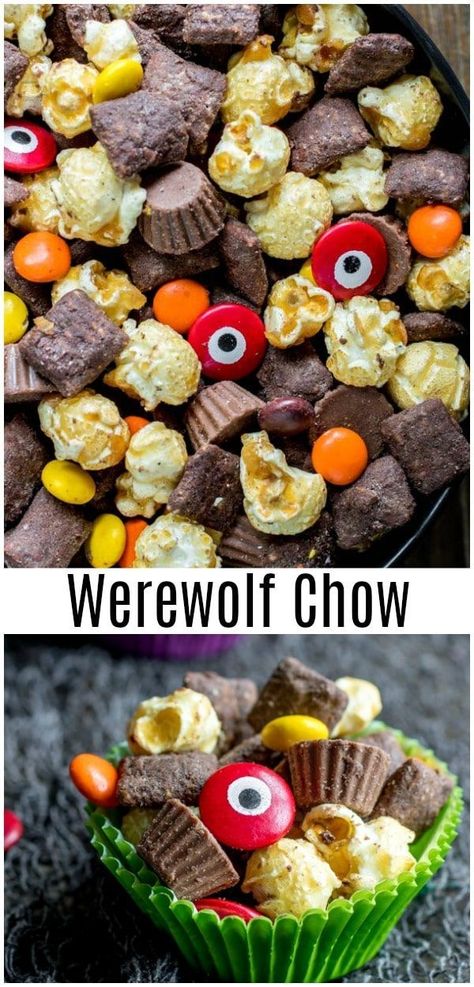 Werewolf Chow is homemade Halloween puppy chow, or muddy buddies, made with crispy, peanut butter and chocolate coated rice cereal, caramel corn, and Halloween candy! We've taken the original Chex Mix recipe and turned it into Halloween peanut butter chocolate goodness. The perfect Halloween party food ! #halloweenparty #halloween #peanutbutter #chocolate #muddybuddies #puppychow #dessert #homemadeinterest via @hmiblog Original Chex Mix Recipe, Halloween Puppy Chow, Werewolf Party, Original Chex Mix, Chex Mix Original, Wolf Party, Chex Mix Recipes Original, Original Chex, Chex Mix Recipe