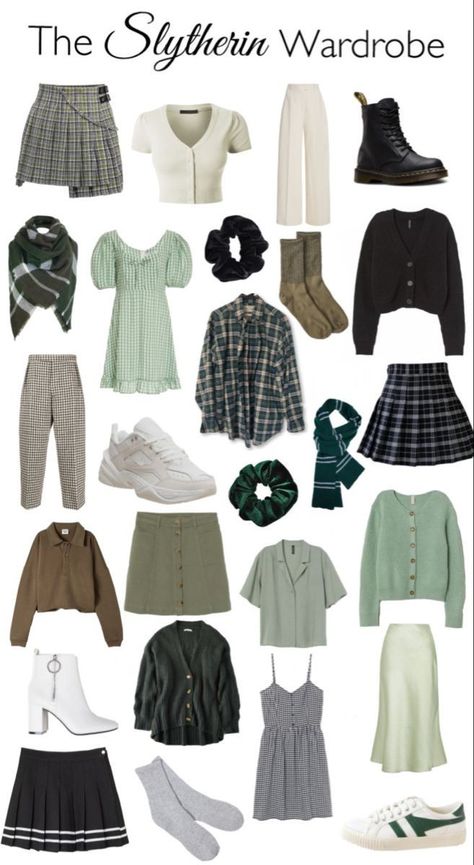 Everyday Slytherin Outfits, Slytherin Spring Outfit, Outfit Ideas Slytherin, How To Dress Like A Slytherin, Hogwarts Shifting Clothes, Slytherin Inspired Outfits Aesthetic, Soft Slytherin Aesthetic Clothes, Hogwarts Fashion Inspired Outfits, Slytherin Clothing Aesthetic